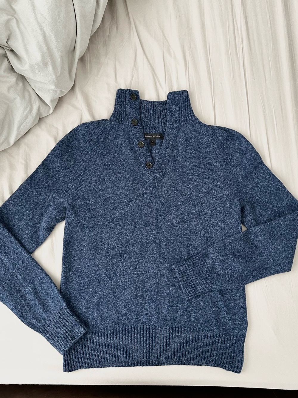 Banana Republic Men's Navy Blue Button-Neck Merino Wool Sweater